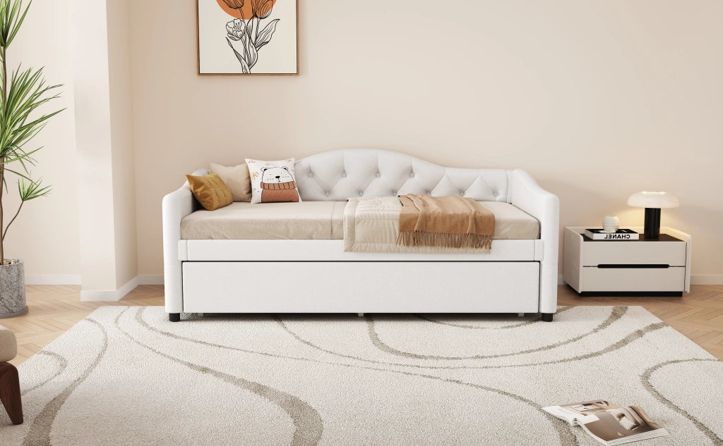 Divano letto allungabile di 90x200 cm colore beige rivestito in lino