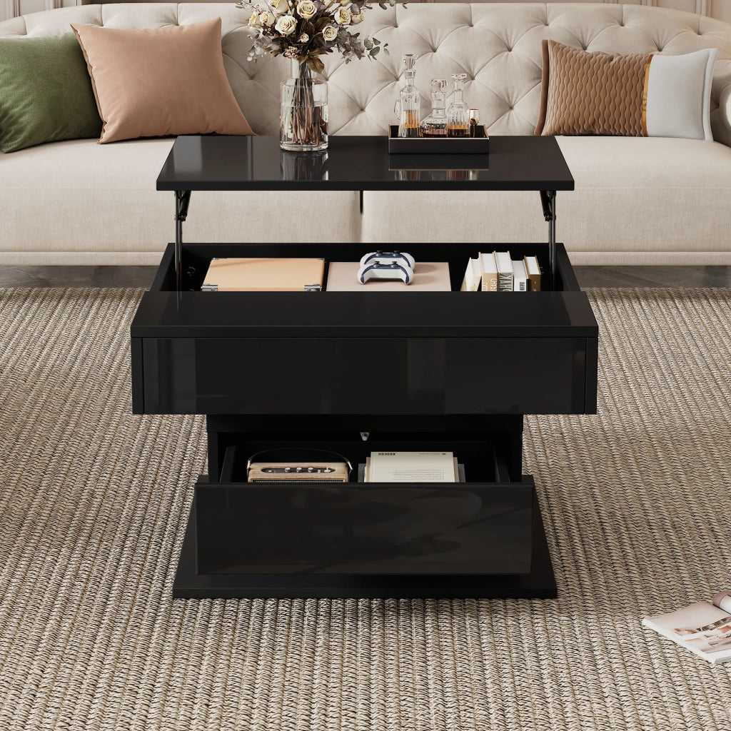 TAVOLO da salotto 70x70x45 cm nero lucido con piano sollevabile e 1 cassetto