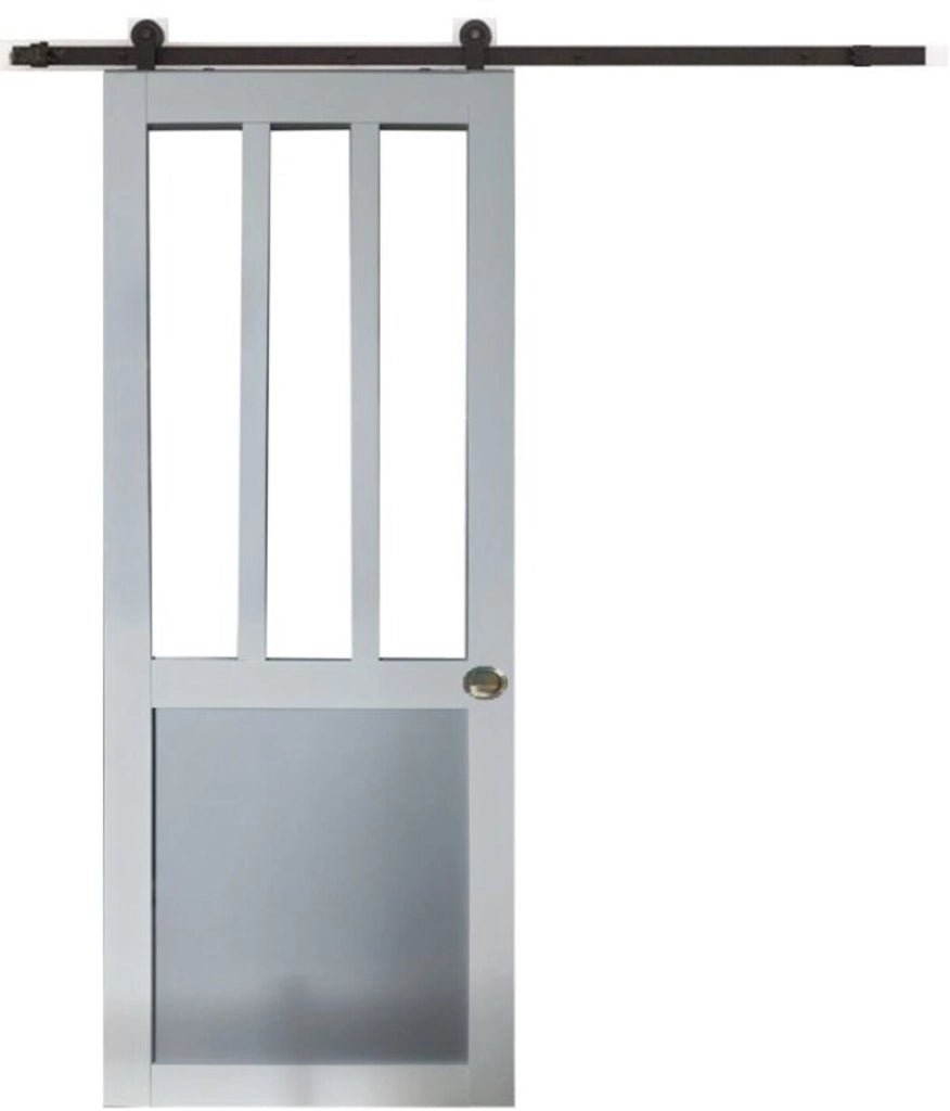 Porta Scorrevole Officina Bianca e Pannelli Vetro Grigio RAL7035 H204 x L83 + Rullo Nero e 2 Gusci