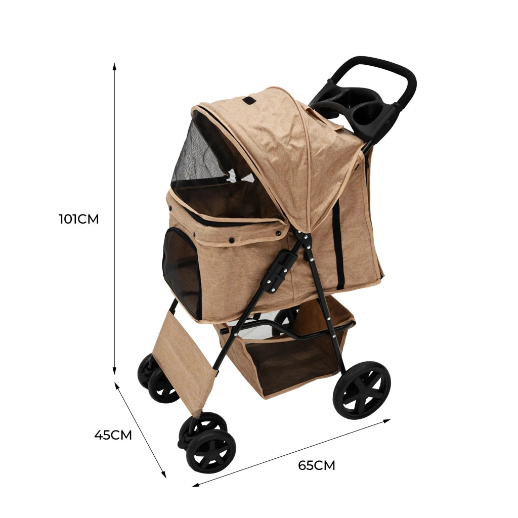 Passeggino Animali Pieghevole Beige Cane Gatto Tettuccio Antipioggia
