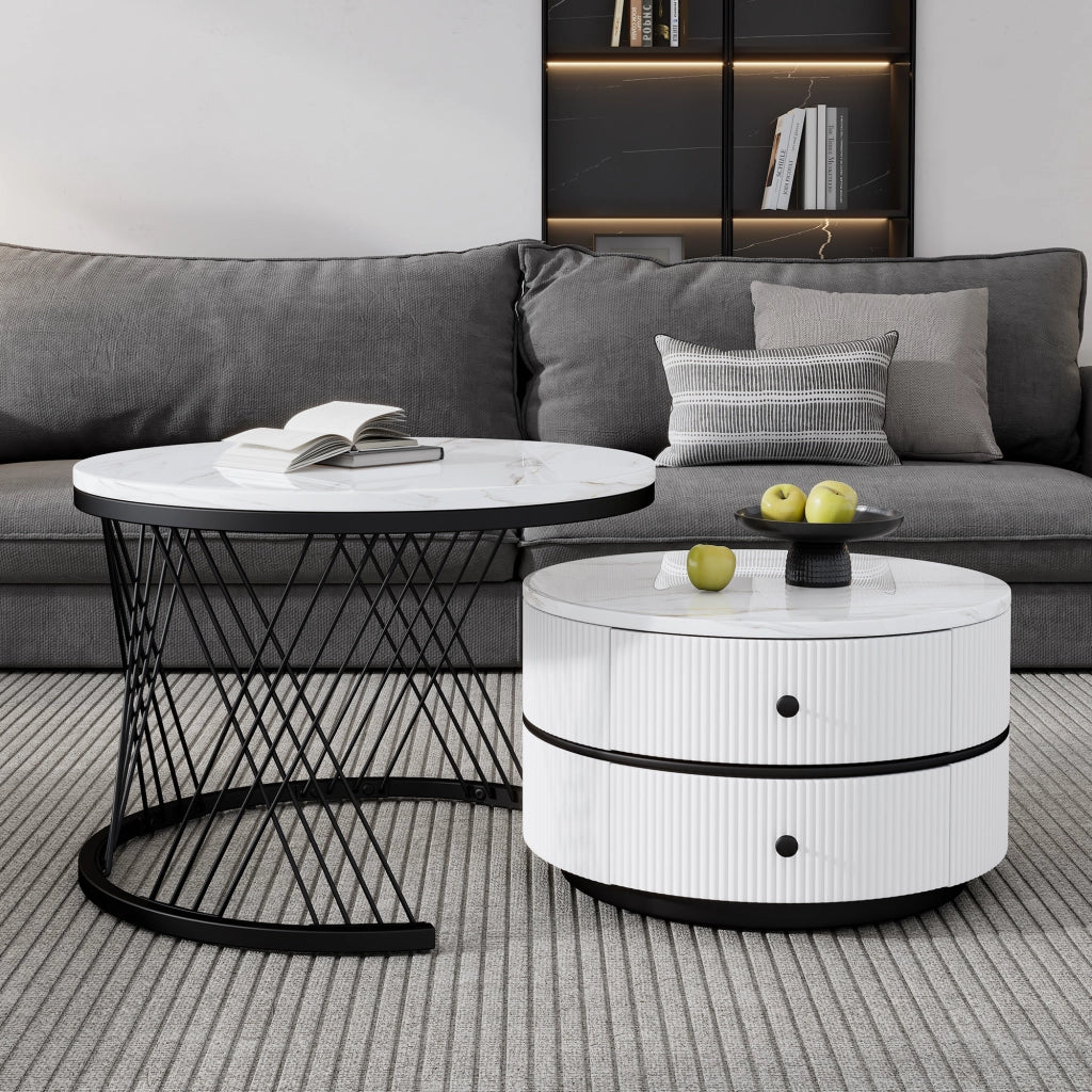 Set tavolini da caffè 60x60x46 cm e 50x50x31 cm; con 2 cassetti; MDF; bianco