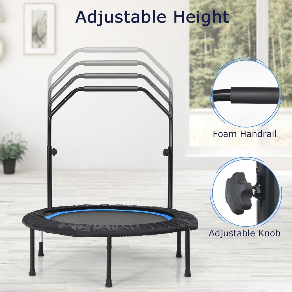Tappeto Elastico 2 in 1 Ø101 cm, Trampolino Elastico Fitness da Interno e Esterno con Manico Regolabile in Altezza e 2 Fasce di Resistenza, Mini Trampolino Pieghevole fino a 150 kg, Nero+Blu