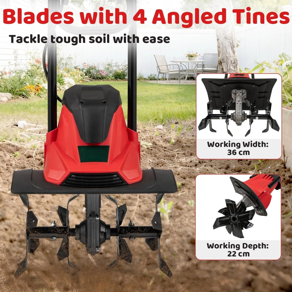Motozappa Elettrica Pieghevole 1200W, Larghezza di Lavoro 36 cm Profondità di Lavoro 22 cm, 4 Lame, Zappatrice Elettrica per Orto e Giardino (Rosso, 36 x 24 x 138 cm)