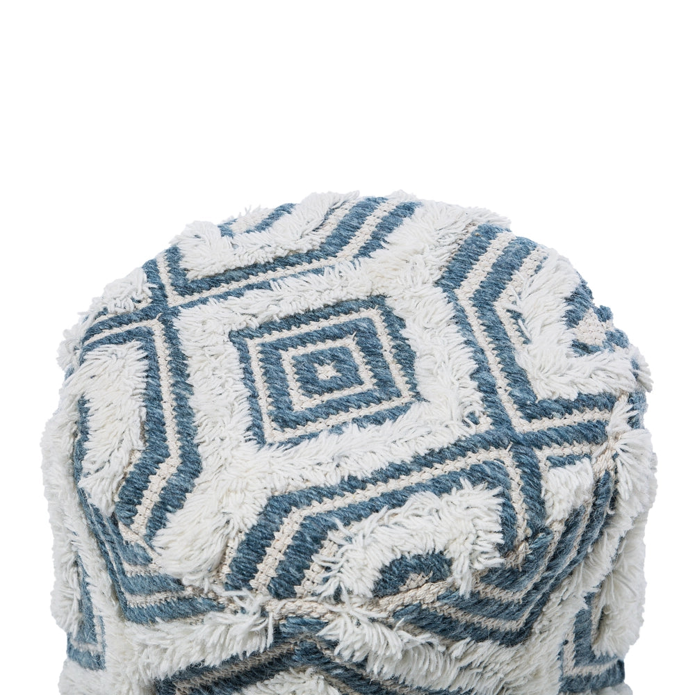 Poggiapiedi Bianco con Lana Blu e Cotone con Gambe in Legno Motivo Orientale Rustico
