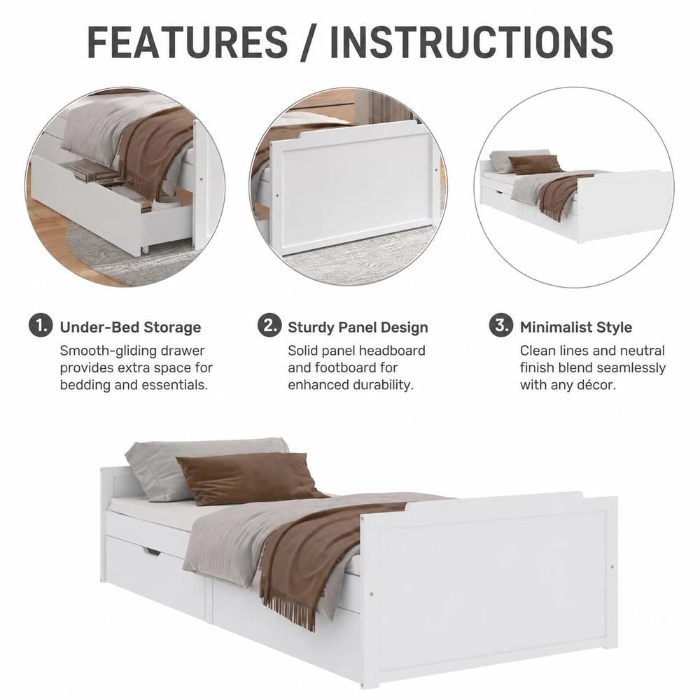 Solid Wood Bed With Drawers, White Pine, 90x200 Cm