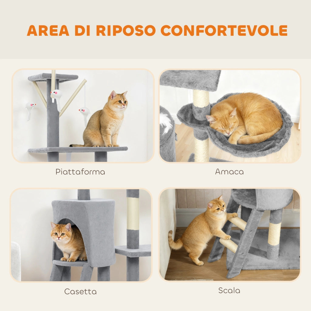Torre per Gatti con Casetta, Trespolo e Piattaforme ¨C zephmum ¨C Grigio, Legno, 60x35x134 cm