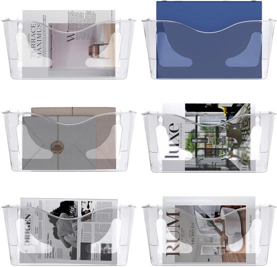 6-pack di supporti per mappette appesi alla parete, contenitore per documenti A4 in plastica per la parete, per riviste e buste, organizzatore di posta trasparente