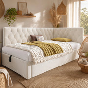 Letto singolo 90x190 cm con contenitore idraulico in velluto beige