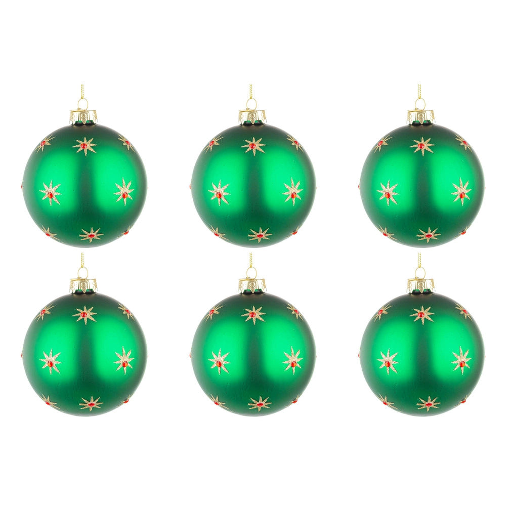 Palline di Natale in Vetro Verde con Stelle Oro Astral Diametro: 80 mm