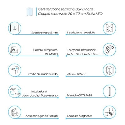 Box doccia 70x70 angolare doppio scorrevole con vetro temperato opaco e profili cromo Geo