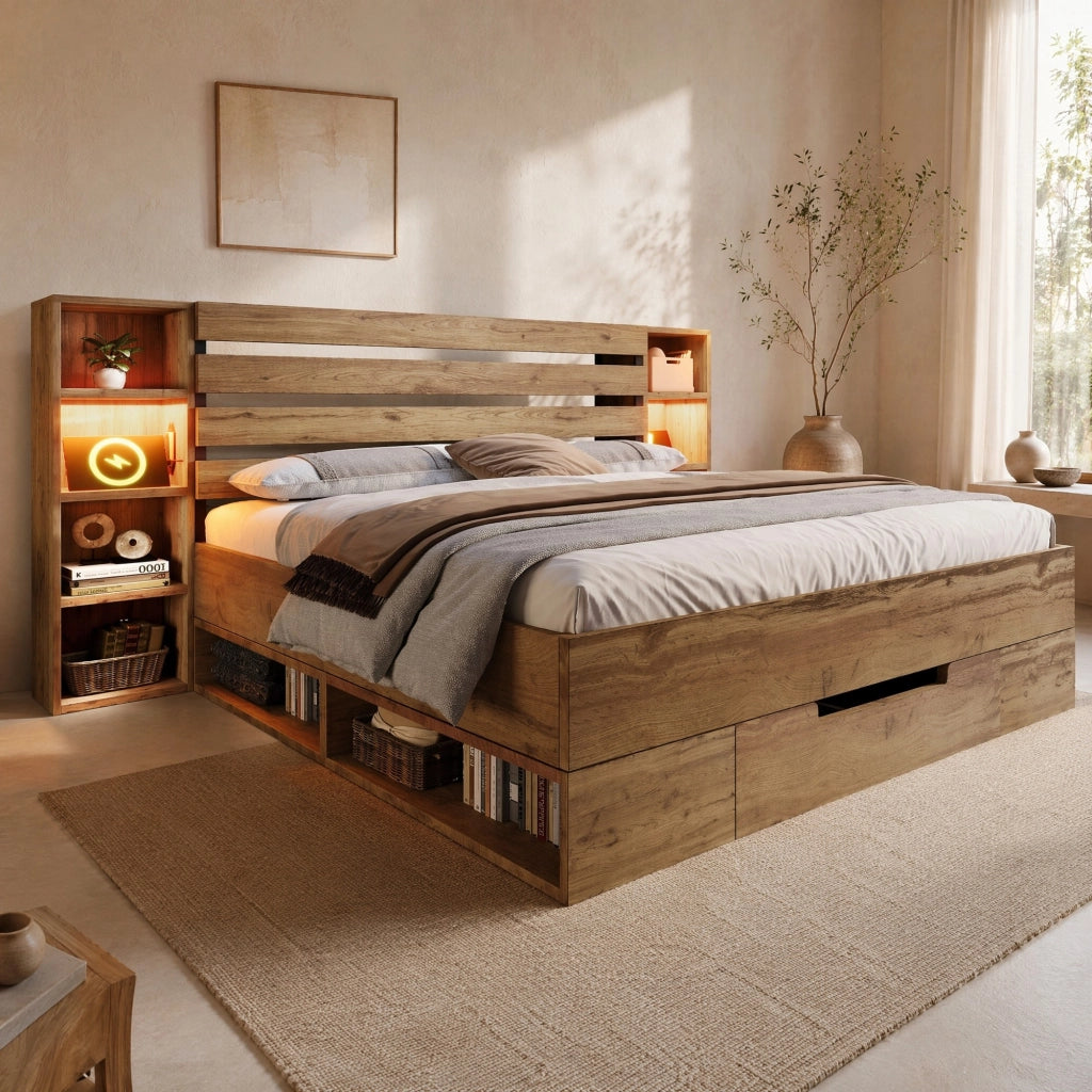 LETTO contenitore 180x200 cm con LED, USB e cassetti Rovere