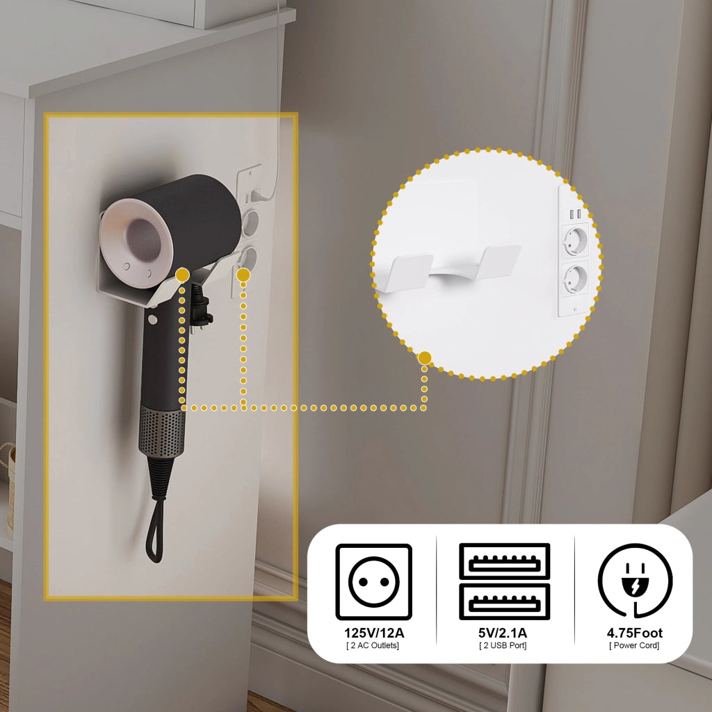 Toeletta con 4 cassetti; specchio LED; presa integrata e porta phon per camera da letto; 80×40×137 cm