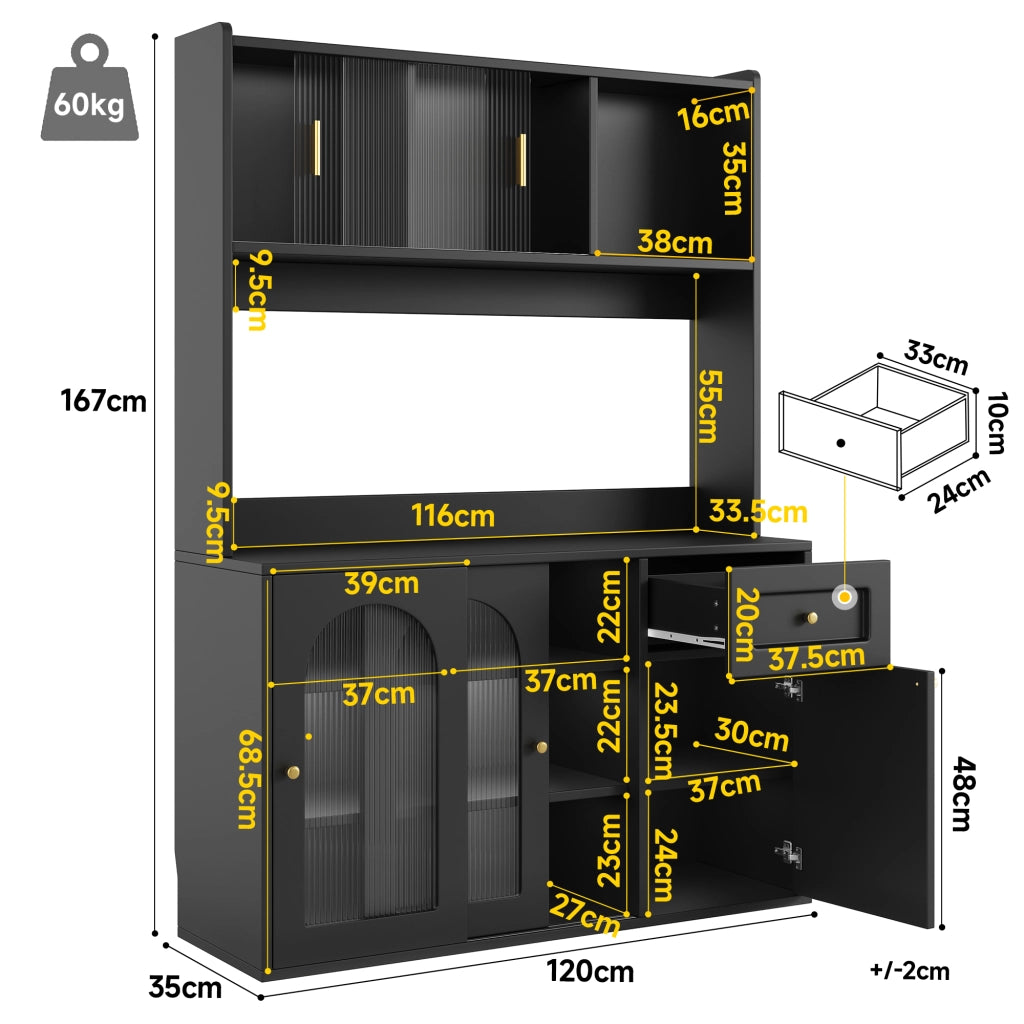 OKWISH Madia Alta Vetrina con Ante Scorrevoli in Vetro e Ripiani Regolabili, LED, per Cucina, Nero, 120×35×167 cm