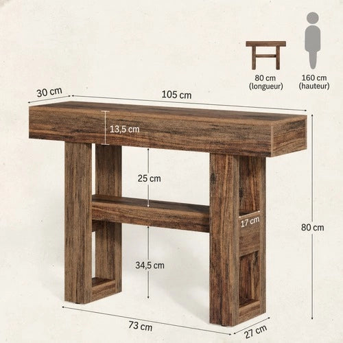 Consolle con 2 ripiani per ingresso e soggiorno, stile rustico, in MDF, marrone, per piccoli spazi, 116 × 35 × 19,5 cm