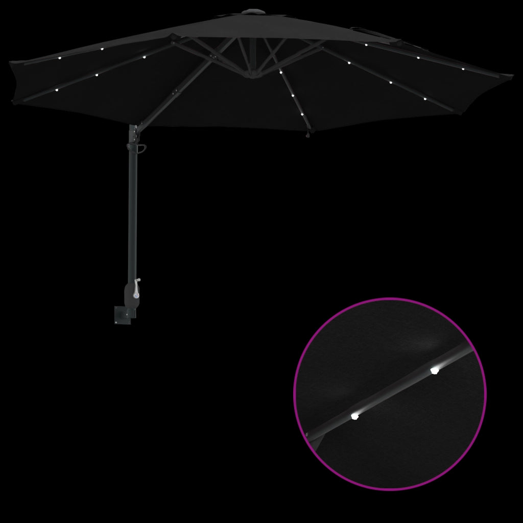 Ombrellone da giardino a parete con LED Nero 248 cm