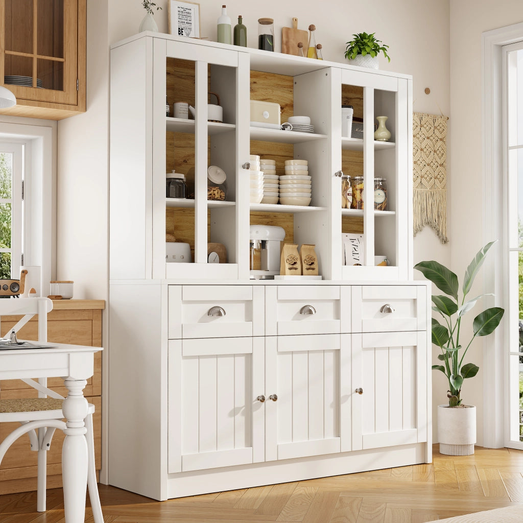 Vetrina alta da cucina con ripiani regolabili e ante in acrilico con sistema antiribaltamento; in MDF; Bianco; 140x38.5x175 cm