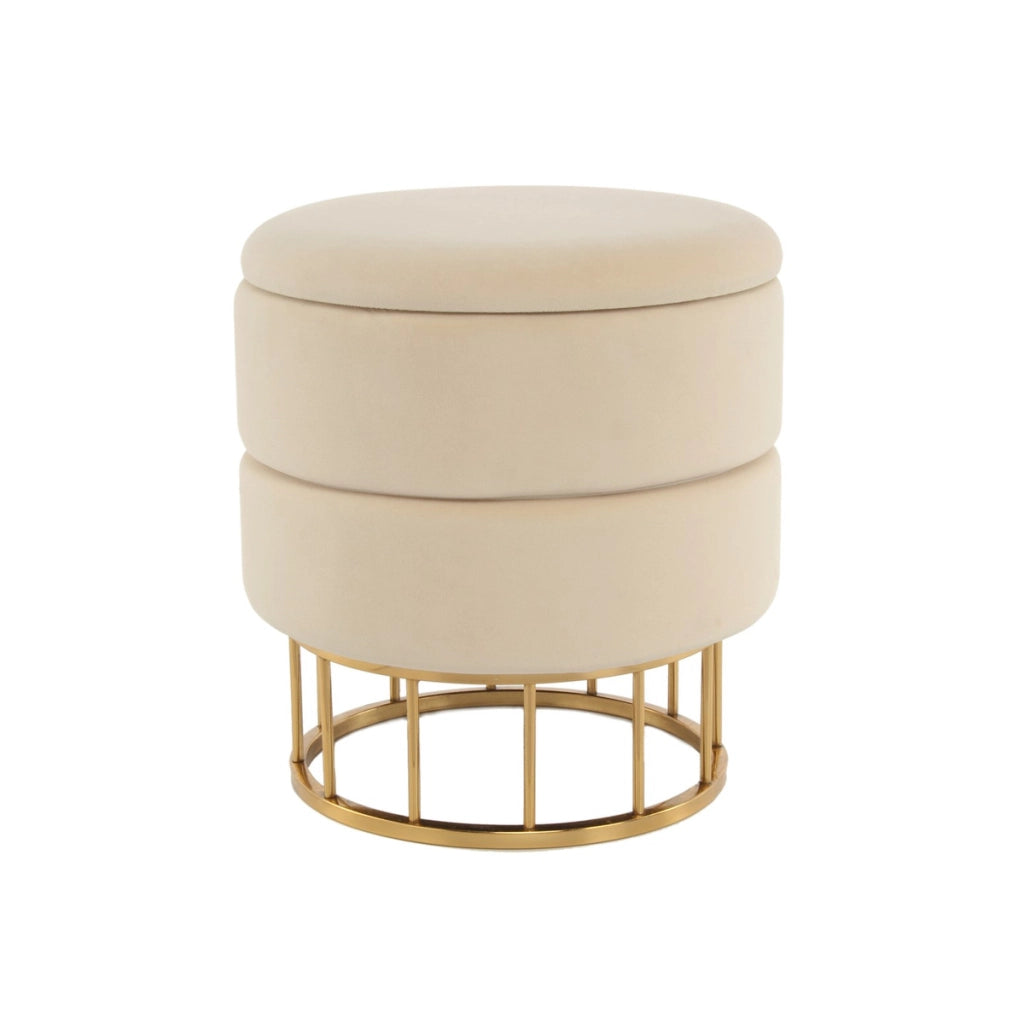 Pouf contenitore Zero in velluto avorio e base oro