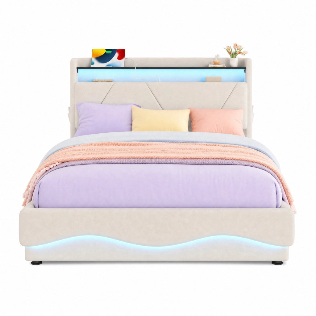 Letto contenitore 160x200 cm in velluto beige con LED; testiera con mensola; USB e Type-C