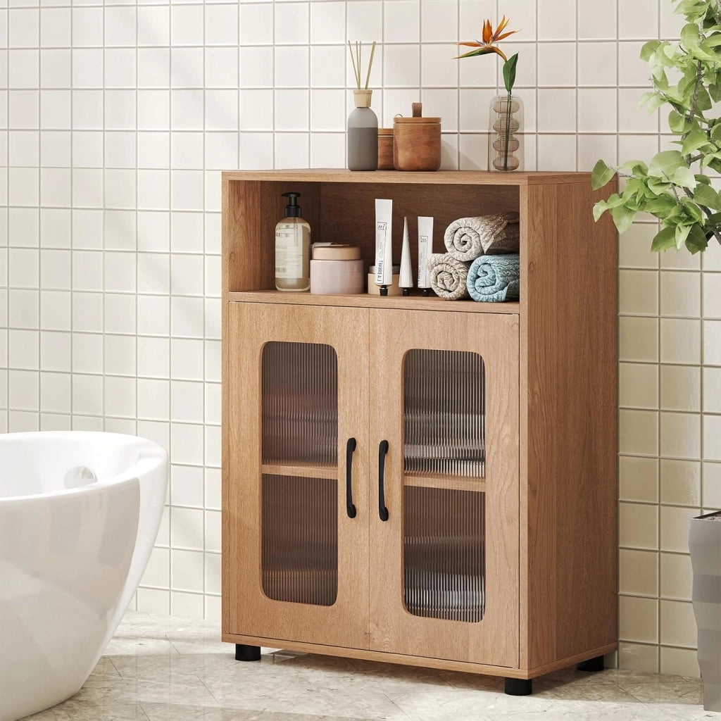 Armadietto da bagno con scomparto aperto, 2 ante e ripiano regolabile, armadio da pavimento per cucina e soggiorno, 60 x 30 x 83 cm (naturale)