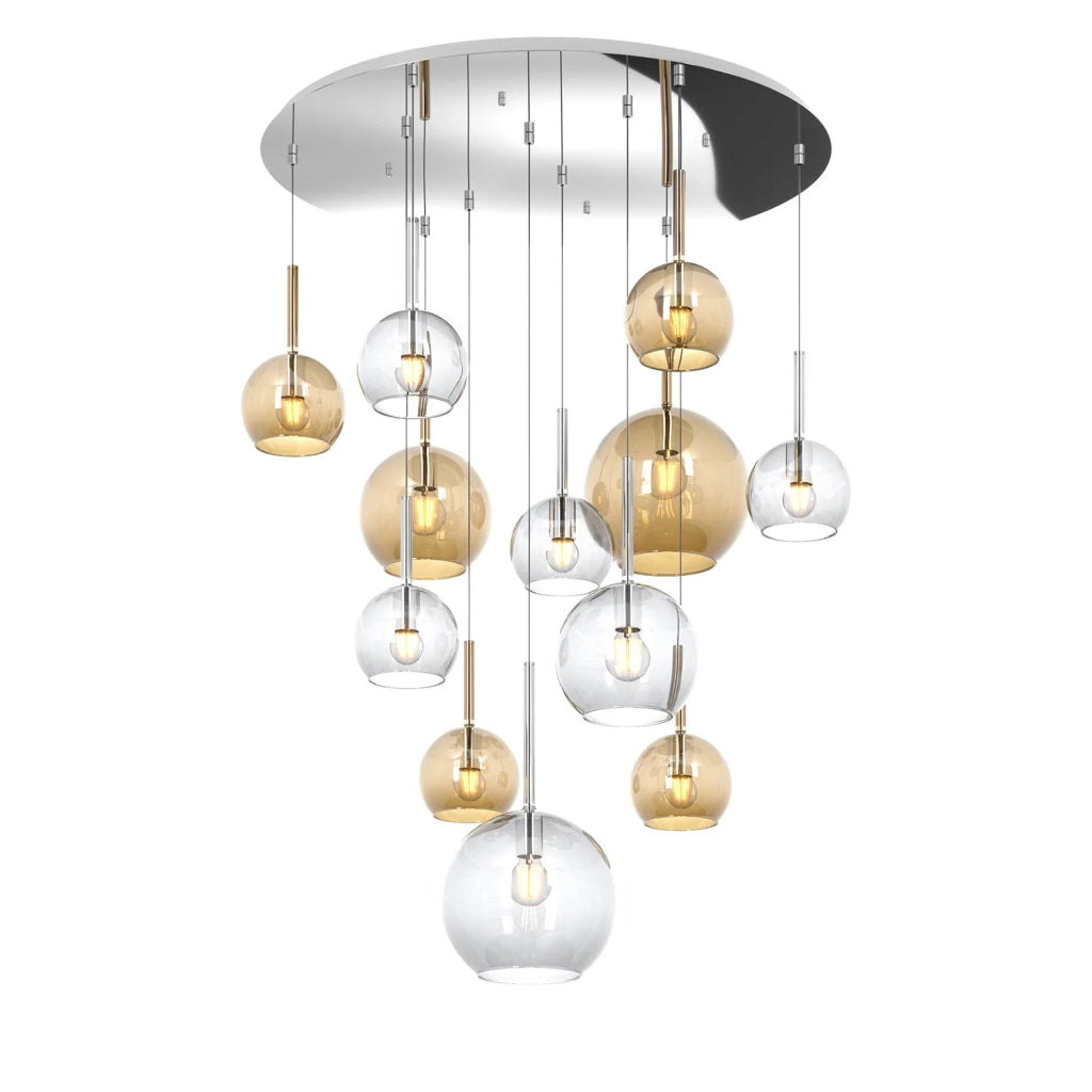Lampadario Contemporaneo Future Metallo Cromo Vetro Mix Trasp-Ambra 12 Luci E27
