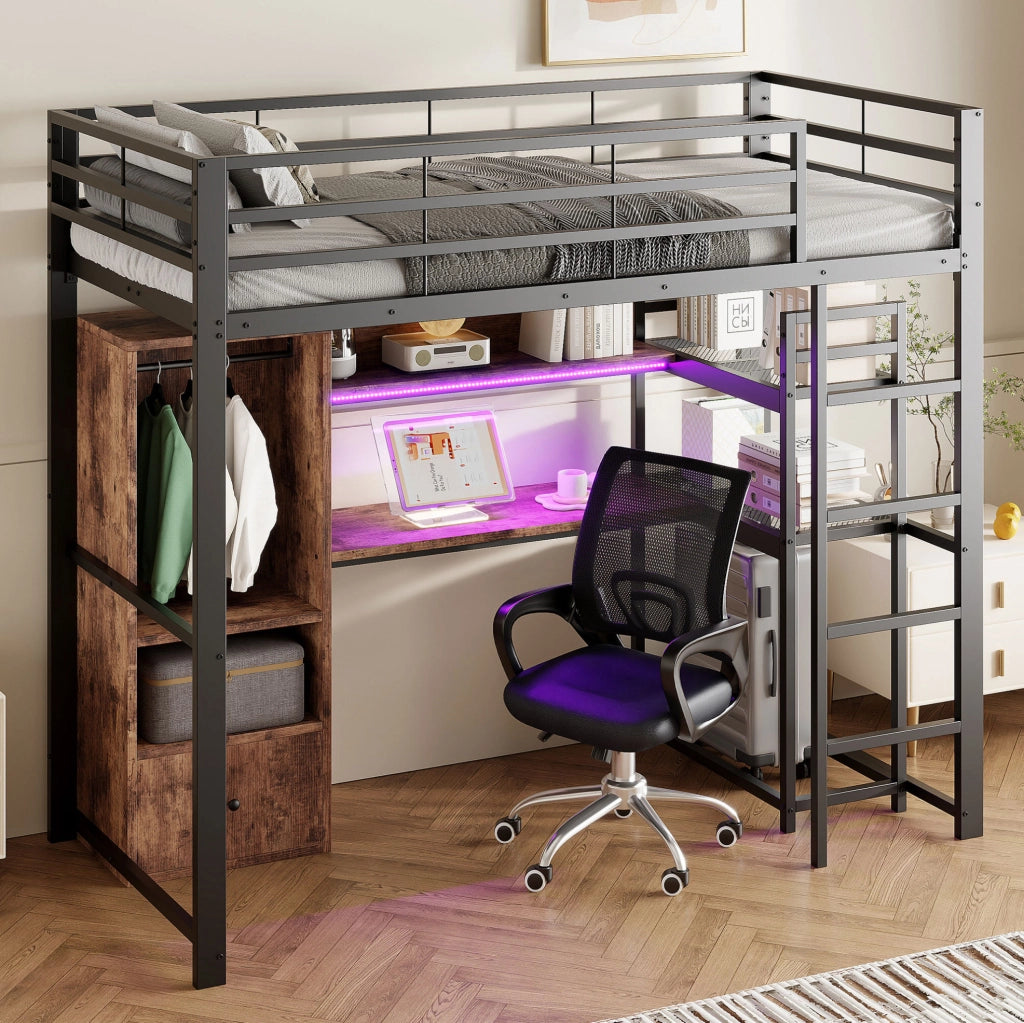 Letto a soppalco 90x200 cm in metallo e MDF; nero; con LED; scrivania; cassetto e ripiani