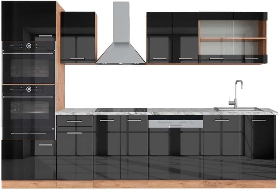 Cucina componibile R-Line, Antracite lucido/oro power oak, 300 cm con armadio alto, PL Marmo, per l'espansione personalizzata tramite moduli aggiuntivi compatibili