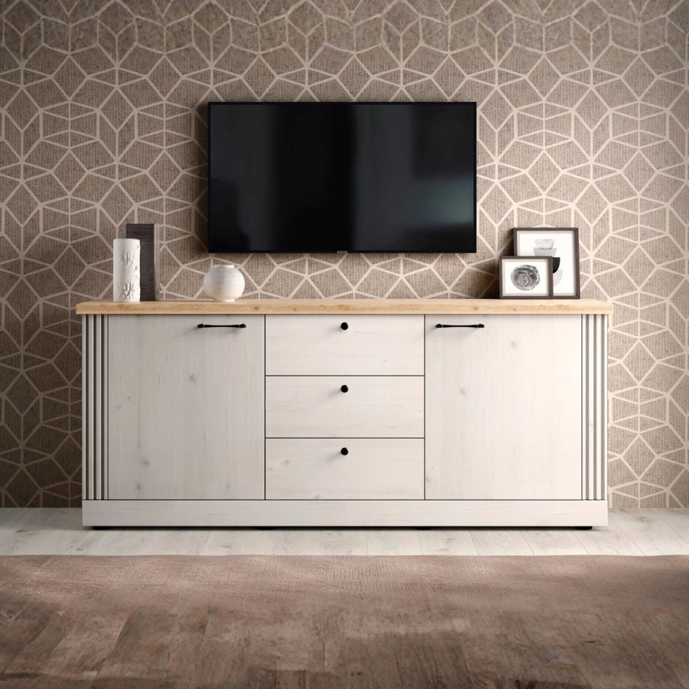 Madia shabby Winchester 2 ante e 3 cassetti colore bianco meringa e rovere Cadiz 211x44x88H