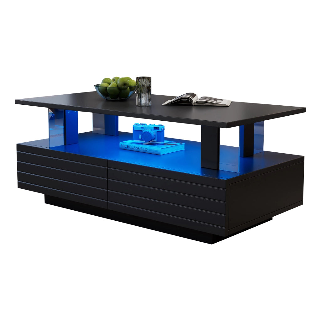 TAVOLO DA CAFFÈ LED 100x50x42 cm in acrilico nero con 2 cassetti