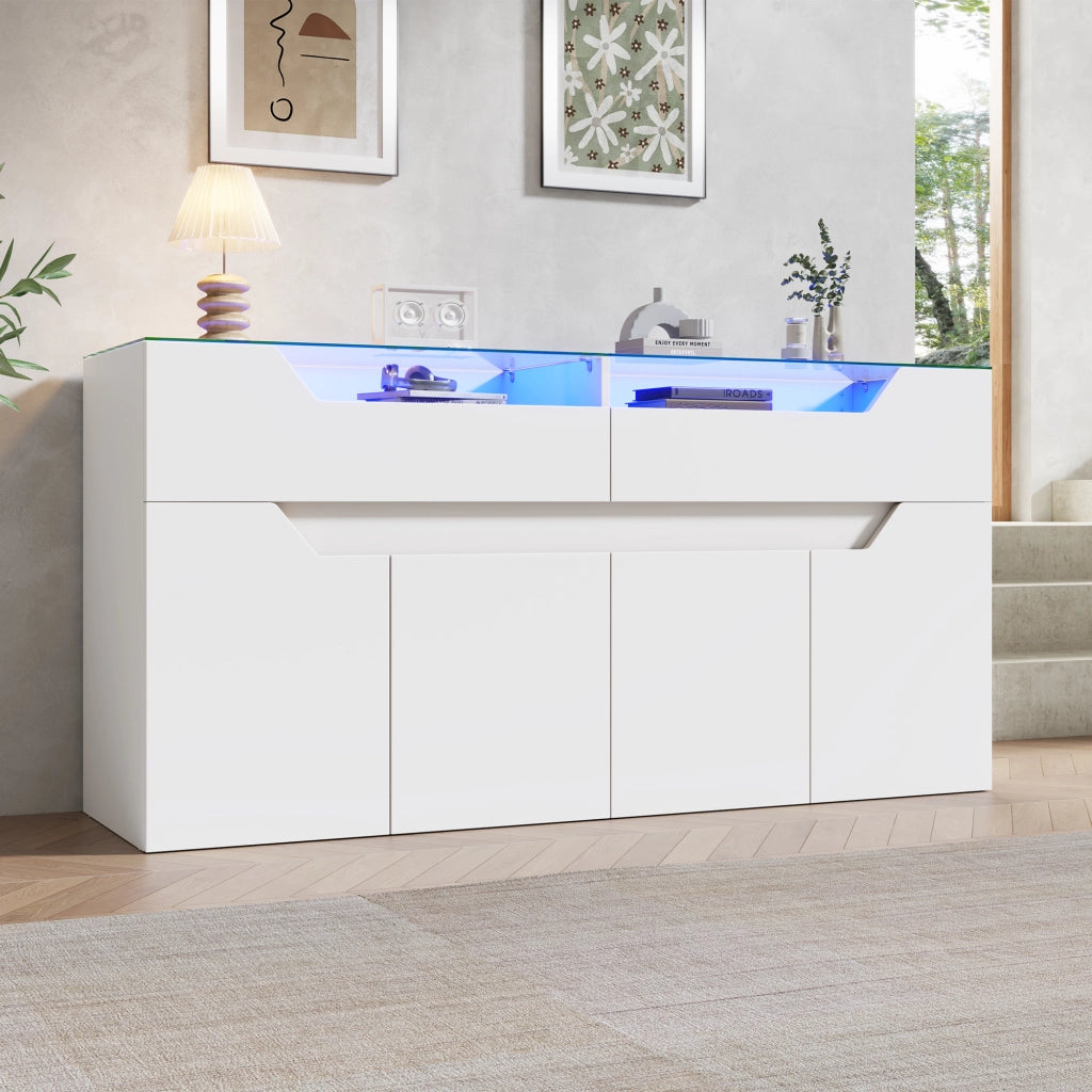 Credenza e madia con piano in vetro temperato, 2 cassetti e 2 ante, per sala da pranzo e soggiorno, bianco, 140 × 40 × 70 cm