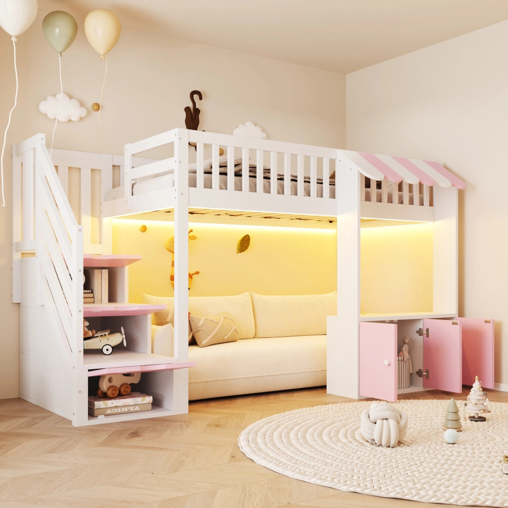 Letto a soppalco 90x200 cm rosa con scala contenitore e LED