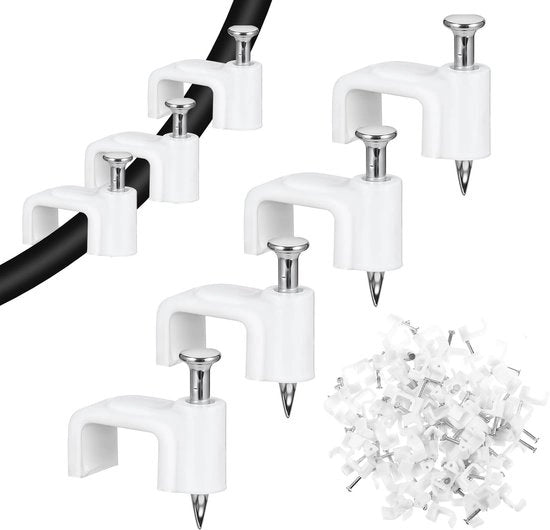 Kit di Clip per Cavi 100 pezzi - Clip per Cavi Bianchi - Clip per Cavi a Viti 8 mm - Clip per Cavi a Spillo - Clip per Cavi Piani - Sistema di Gestione dei Cavi Sicuro