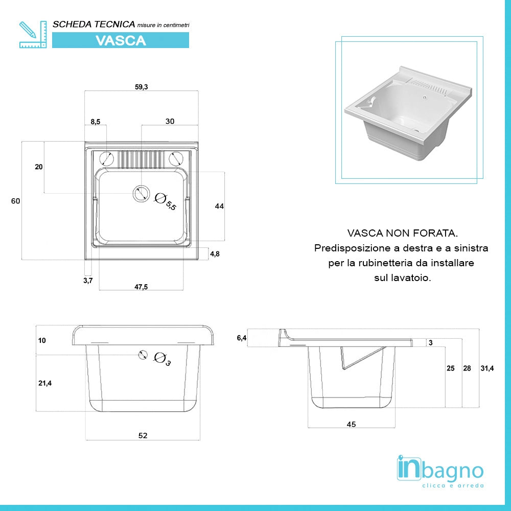 Mobile Lavatoio in Kit 60x60 cm con Vasca colore Bianco in Resina