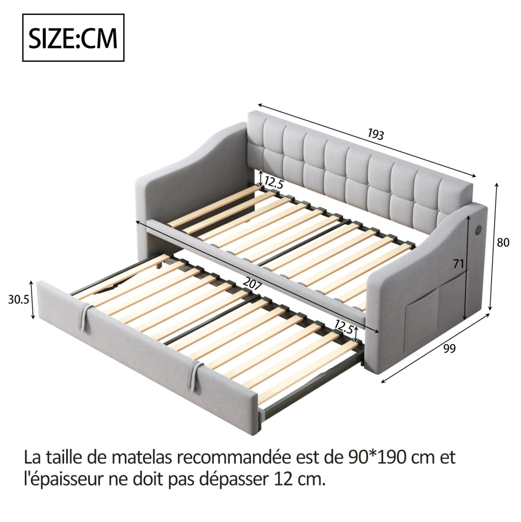 Letto imbottito 90x190 cm estraibile in velluto grigio chiaro