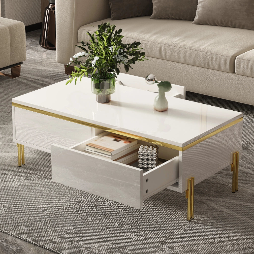 TAVOLINO DA CAFFÈ 100x50x36 cm Bianco Lucido con Cassetti laterali