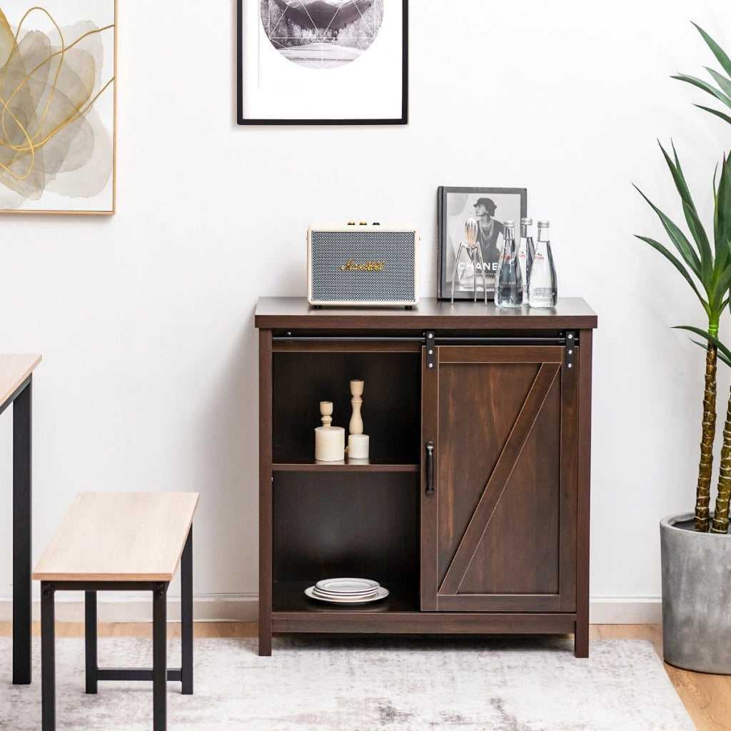 Credenza a buffet con porta a serranda scorrevole soggiorno-Mobiletto portaoggetti rustica per cucina Marrone