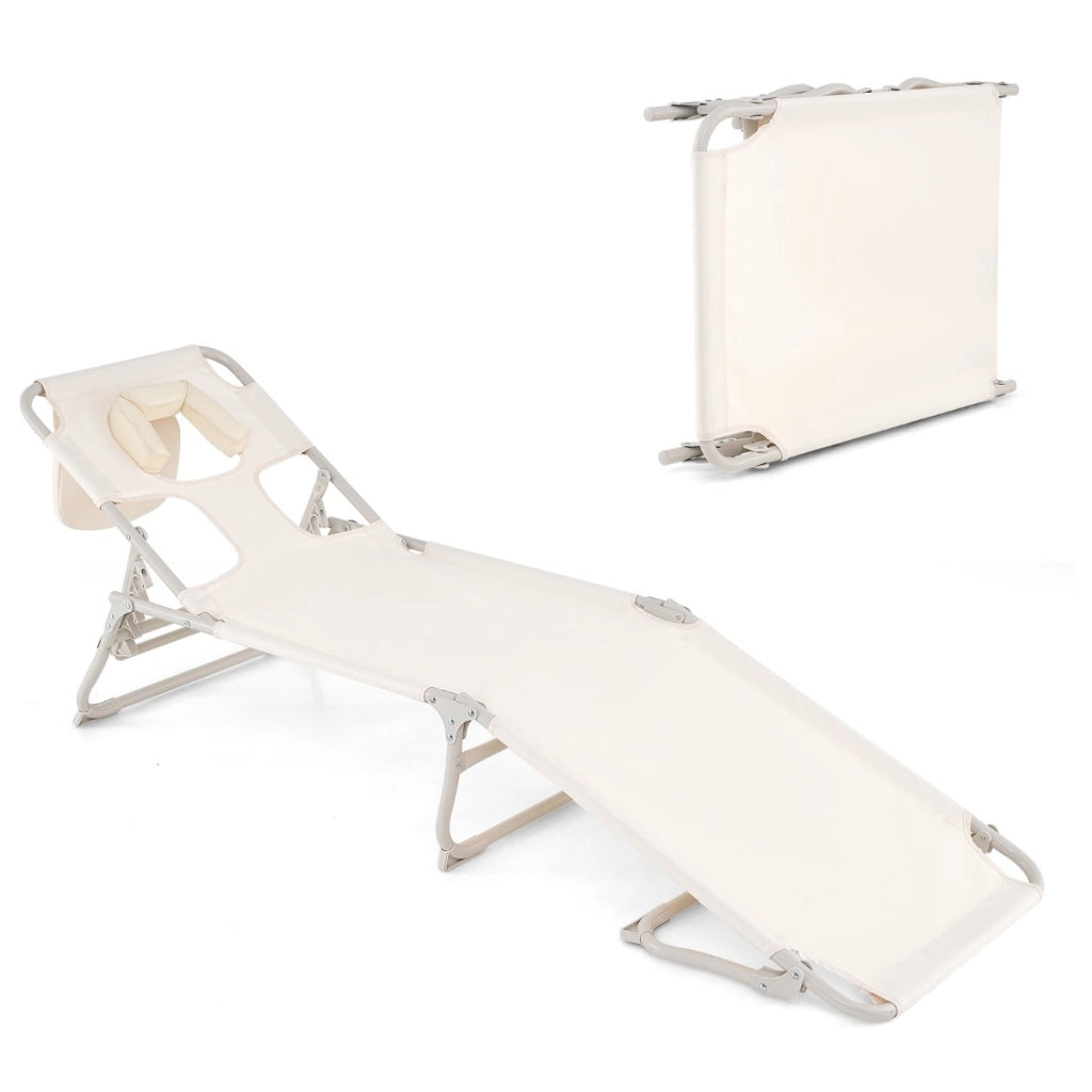 Sedia abbronzante con fori per viso e braccia schienale e poggiapiedi regolabili, Sdraio da spiaggia pieghevole Beige-Poltrone e sdraio