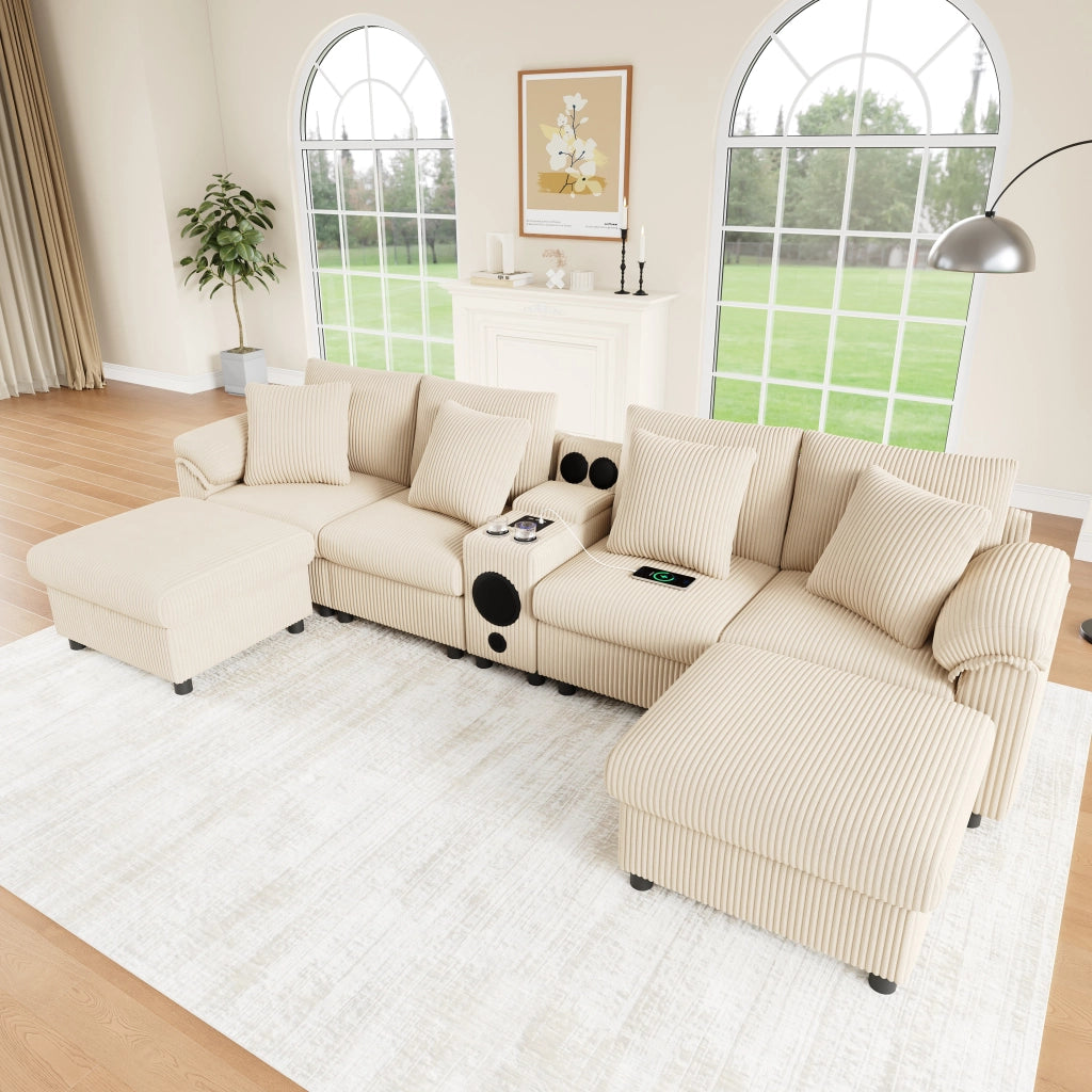 Divano modulare ad angolo con audio Bluetooth, console, ricarica wireless, USB e portabicchieri, Corduroy Beige