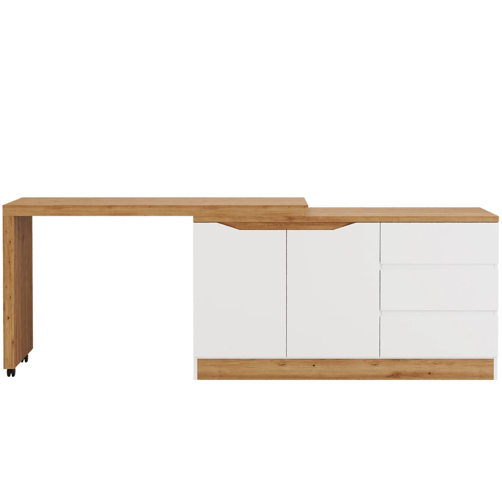 Scrivania pieghevole girevole con ruote frenanti, 120x50x78 cm, bianco e rovere, 2 ante e 3 cassetti