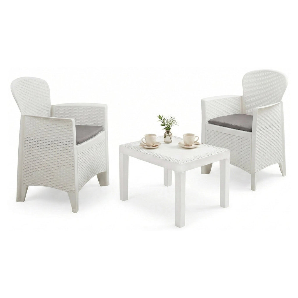 Set salotto da esterno Aneta, Set da giardino con cuscini composto da 2 poltrone e 1 tavolino, Salottino indoor, 100% Made in Italy, Cm 60x58h86, Bianco