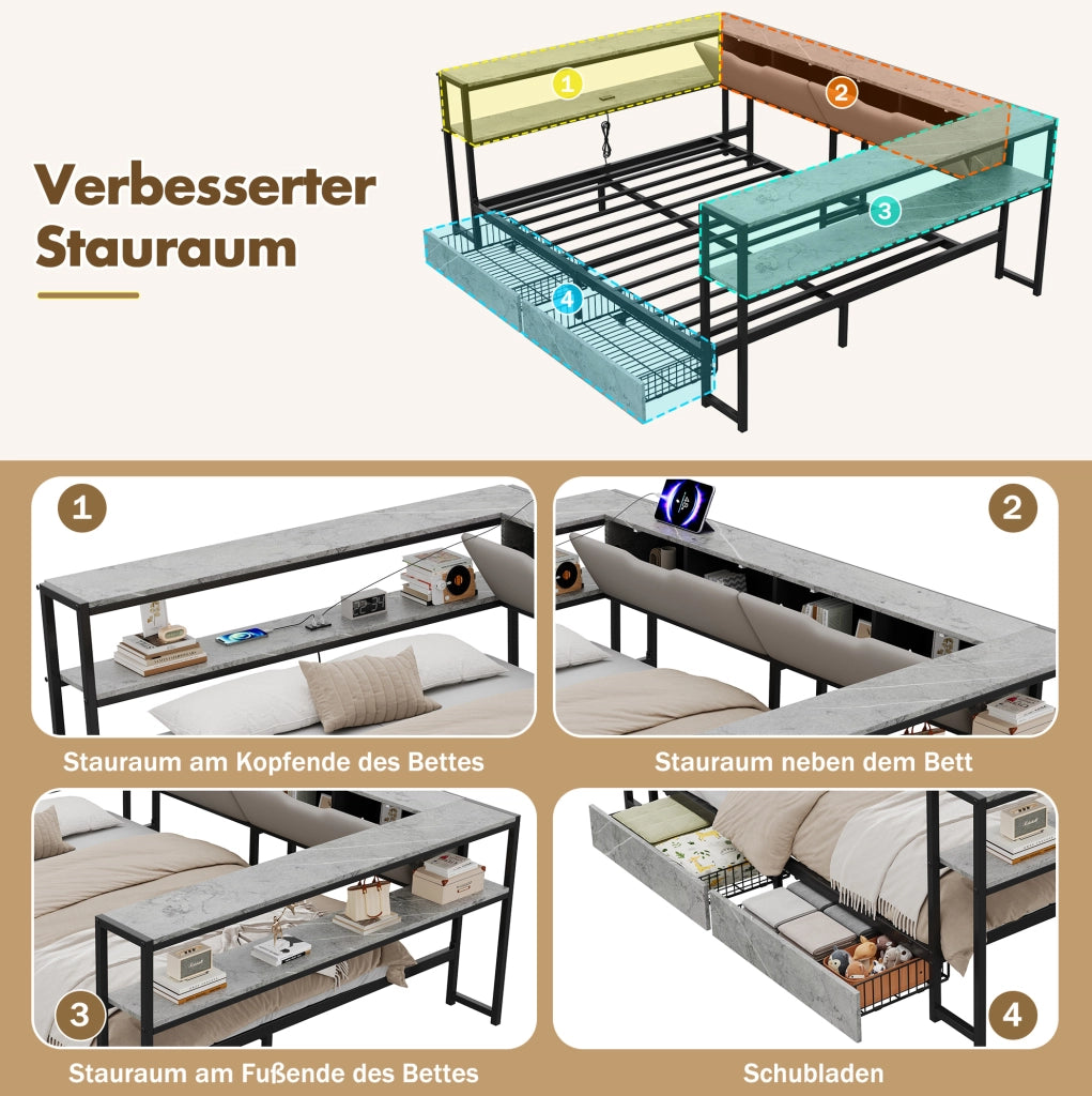 Letto singolo imbottito con contenitori; USB e Type-C; 140x200 cm; grigio in MDF e metallo
