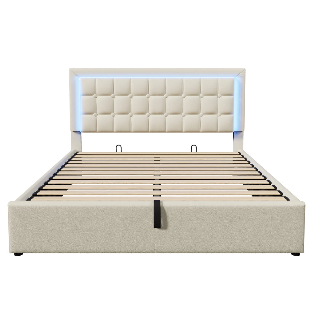 Letto matrimoniale 160x200 cm con contenitore; LED e rivestimento in PU bianco