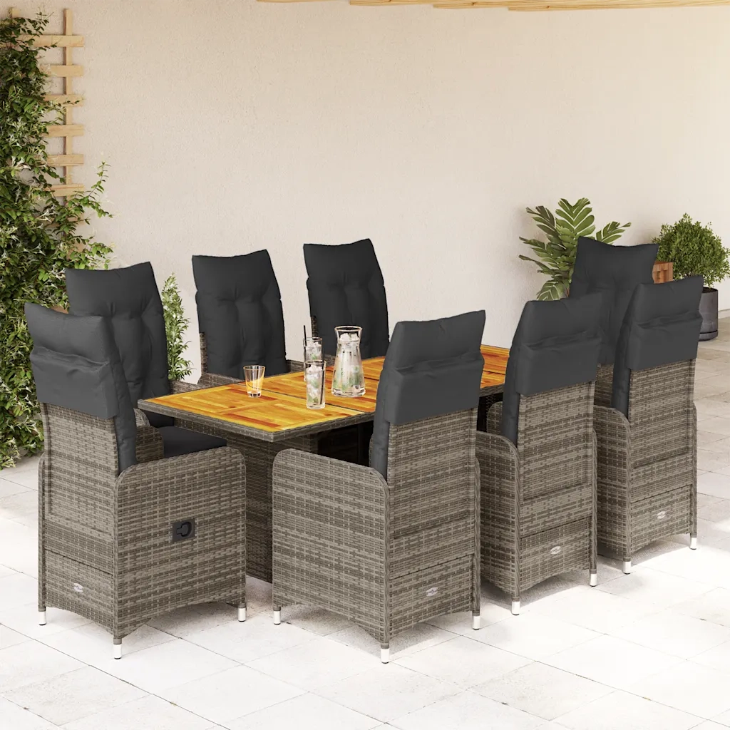 vidaXL Set Bistrò da Giardino 9 pz con Cuscini in Polyrattan Grigio