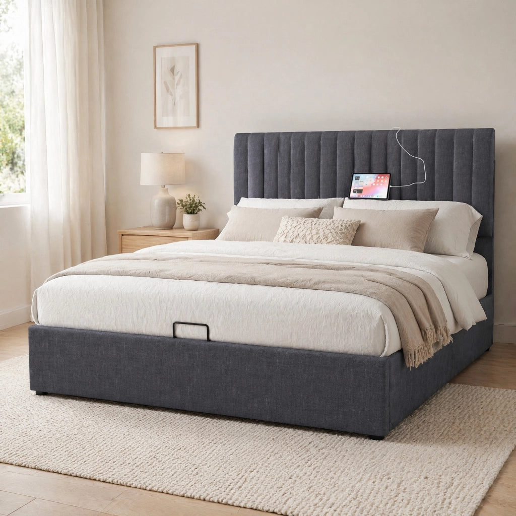 Letto imbottito 140x200 cm grigio con LED app, USB-C, contenitore e testiera regolabile