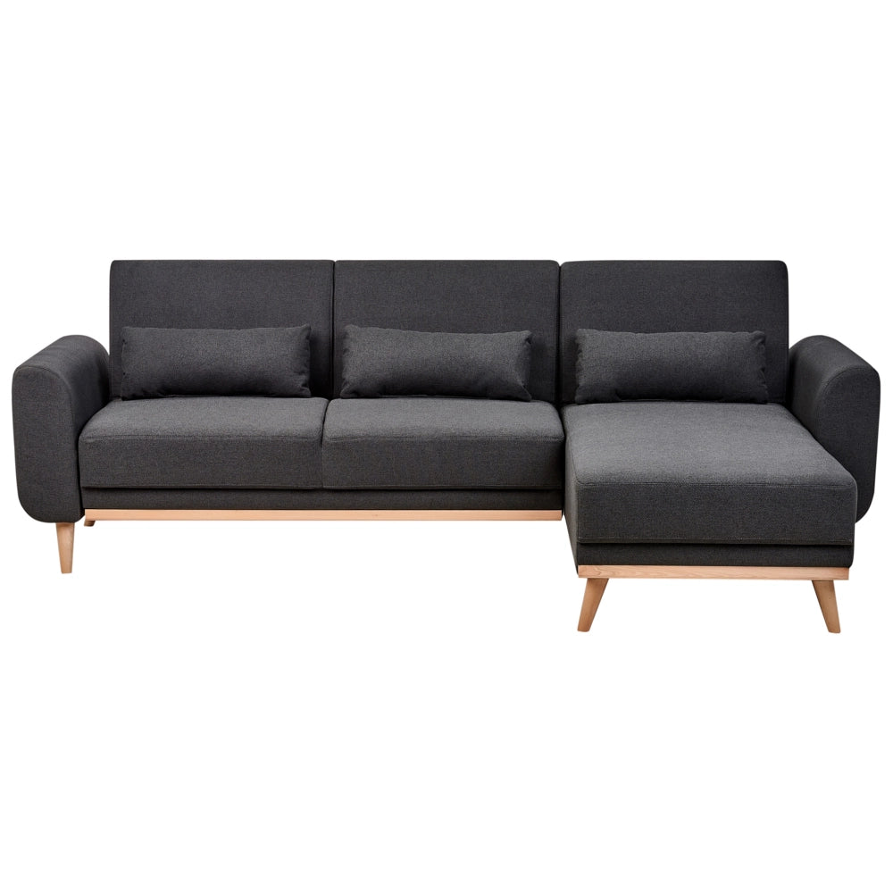 Divano letto ad angolo Rivestimento nero in tessuto poliestere Gambe in legno chiaro Cuscini Design moderno