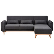 Divano letto ad angolo Rivestimento nero in tessuto poliestere Gambe in legno chiaro Cuscini Design moderno