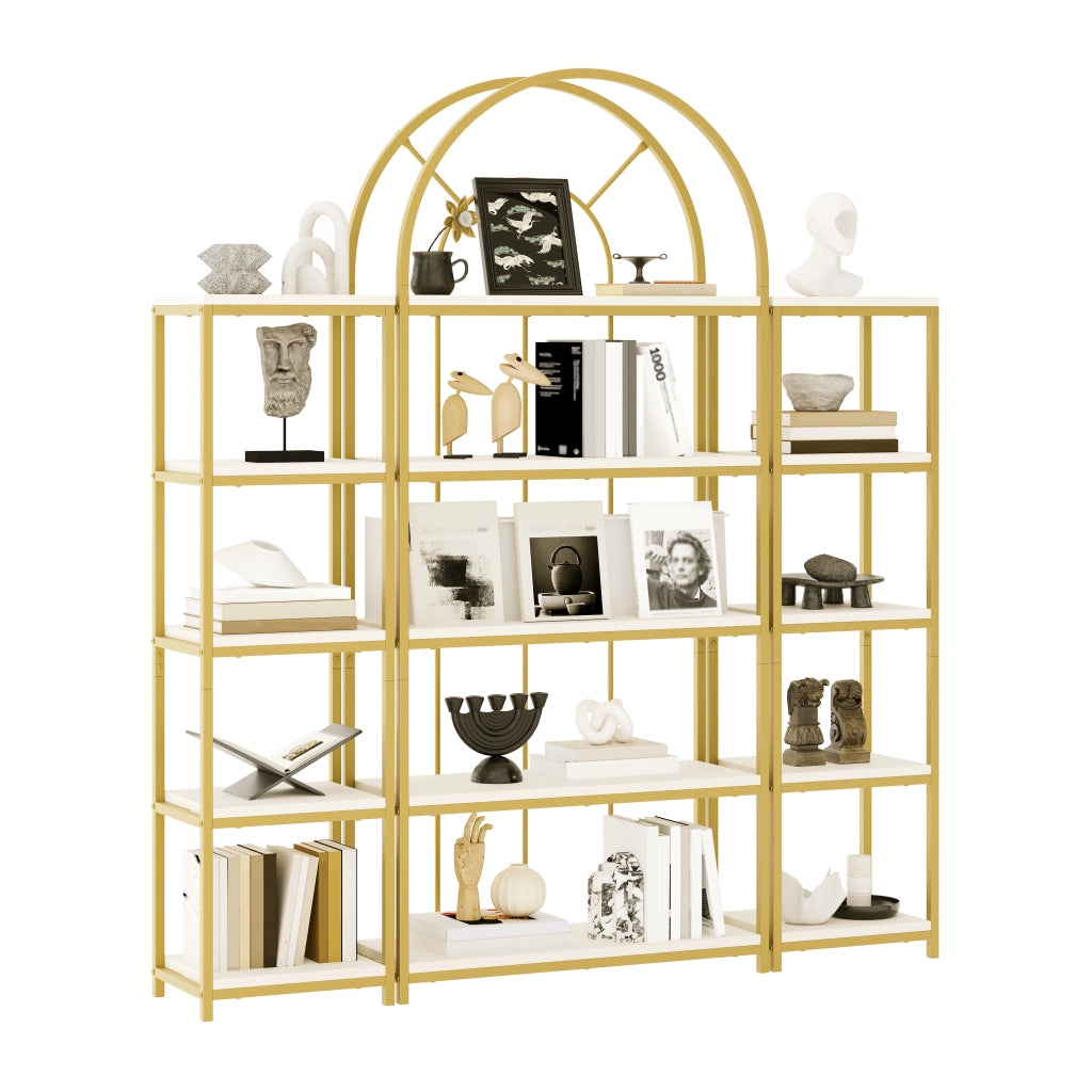 Scaffale modulare 3 pezzi 163×30×184 cm, struttura in metallo oro e MDF bianco, design ad arco