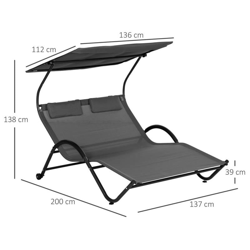 LETTINO PRENDISOLE RECLINABILE A 2 POSTI CON RUOTE, POGGIATESTA IMBOTTITO E TETTO, 200X137X138 CM, GRIGIO