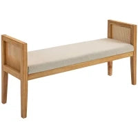 Panca Fondo Letto Boho con Seduta Imbottita e Braccioli in Legno e Rattan, 120x38x61.5cm, Crema