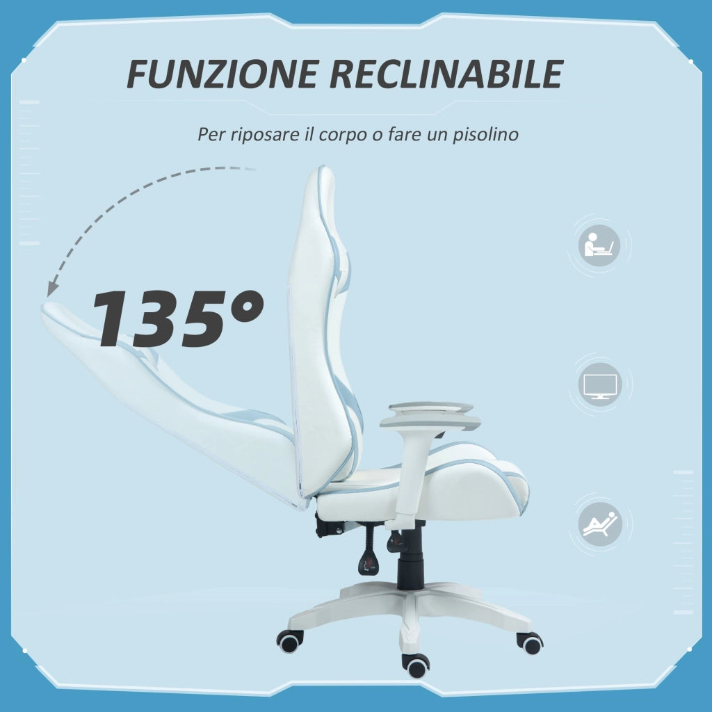 Sedia da Gaming Reclinabile 135° con Poggiatesta e Supporto Lombare 67x60x120-128 cm in Similpelle Azzurro