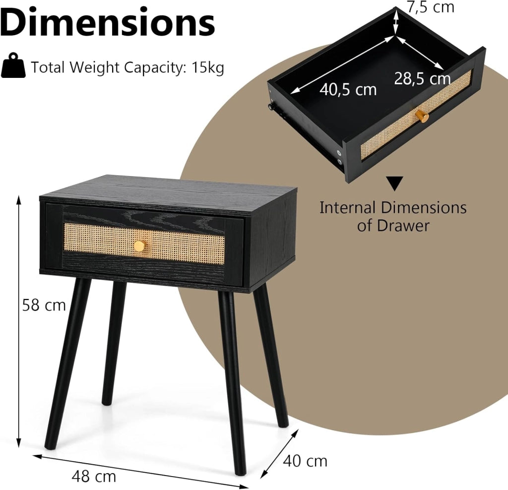 Comodino con Cassetto in Rattan, Comodino Camera da Letto in Stile Boho con Gambe in Legno di Pino, Tavolino Lato da Notte con Piedini Antiscivolo per Soggiorno, 48 x 40 x 58 cm (Nero)